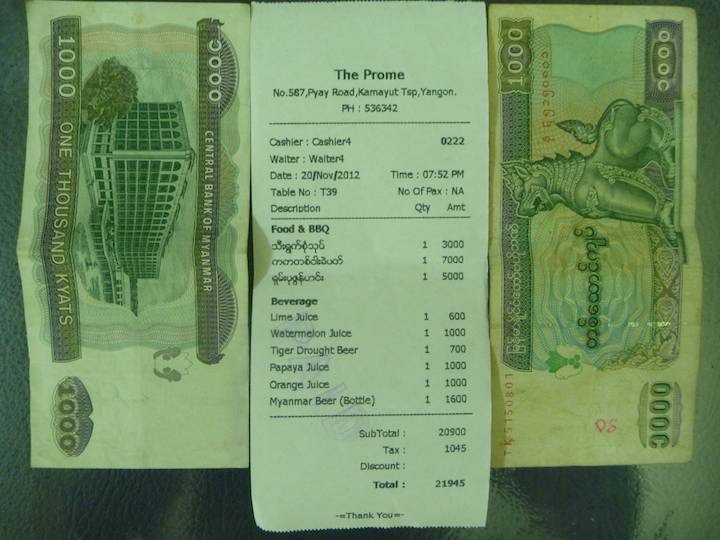 this is the bill from the Prome Restaurant. Note a mixture of English and Burmese.  And the prices convert at about 840 Kyat to US$1.  The tool bill was 22,000 or about $26.